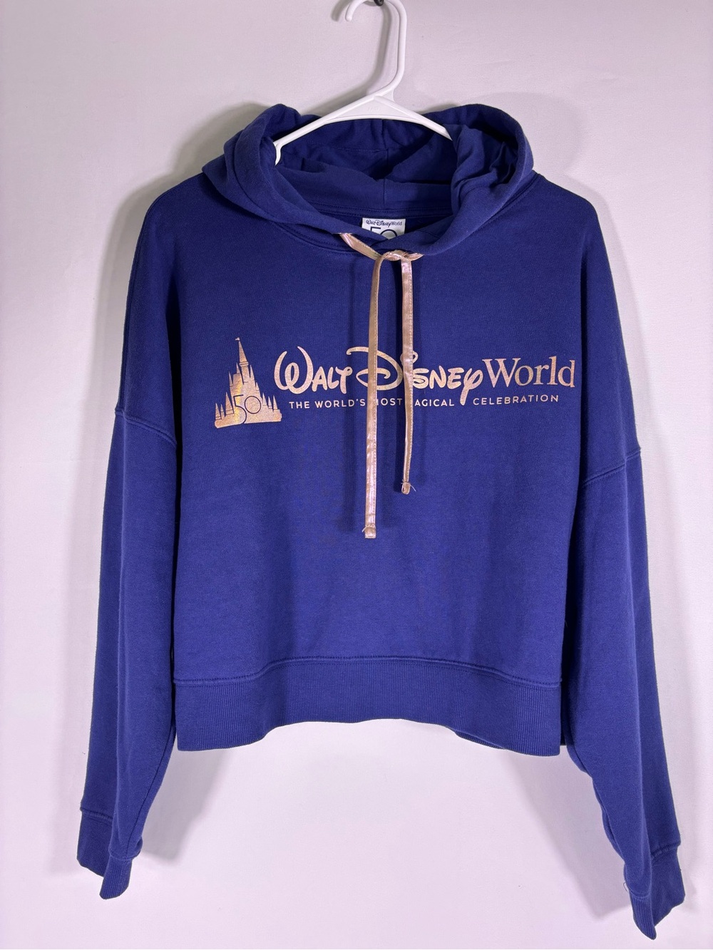 Disney World 50th Anniversary Blue Cropped Hoodie Rose Gold Logo Medium